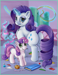 Size: 2500x3246 | Tagged: safe, artist:ratwhiskers, character:rarity, character:sweetie belle, cloth, gem, magic, measuring tape, mouth hold, needle, pin, plot, ribbon, scissors, sisters, thread
