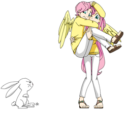 Size: 1792x1600 | Tagged: safe, artist:annie-aya, character:angel bunny, character:fluttershy, species:human, angry, bridal carry, butterscotch, carrying, clothing, crossed arms, frown, glare, hug, humanized, light skin, ponidox, rule 63, sandals, scared, self ponidox, simple background, spread wings, sweater, sweatershy, winged humanization, wings, wink