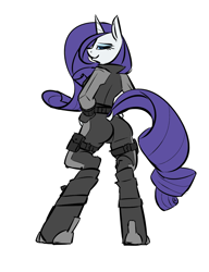 Size: 1000x1304 | Tagged: safe, artist:cider, character:rarity, species:anthro, species:unguligrade anthro, ass, black widow (marvel), cosplay, dock, female, hooves, solo