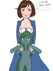 Size: 500x667 | Tagged: safe, artist:the-rasp-b, oc, species:human, species:pegasus, species:pony, bioshock infinite, blushing, dawn, elizabeth, female, filly, holding a pony, looking at you, smiling