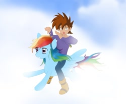 Size: 1003x825 | Tagged: safe, artist:v-invidia, character:rainbow dash, species:human, species:pegasus, species:pony, female, flying, gary motherfucking oak, gary oak, humans riding ponies, male, mare, riding, sky
