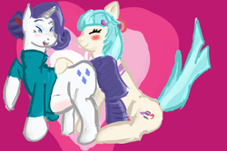 Size: 3000x2000 | Tagged: safe, artist:twizzle, character:coco pommel, character:rarity, ship:marshmallow coco, episode:rarity takes manehattan, g4, my little pony: friendship is magic, blushing, clothing, female, heart, lesbian, pregnant, sensibly-proportioned pregnancy, shipping, simple background