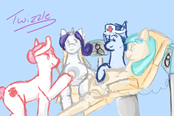 Size: 3000x2000 | Tagged: safe, artist:twizzle, character:coco pommel, character:nurse redheart, character:nurse tenderheart, character:rarity, ship:marshmallow coco, episode:rarity takes manehattan, g4, my little pony: friendship is magic, coco preggo, crying, female, lesbian, preggity, pregnant, sensibly-proportioned pregnancy, shipping, ultrasound