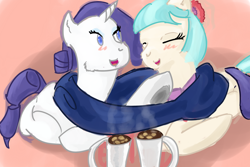 Size: 3000x2000 | Tagged: safe, artist:twizzle, character:coco pommel, character:rarity, ship:marshmallow coco, clothing, female, hot chocolate, lesbian, scarf, shared clothing, shared scarf, shipping