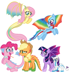Size: 8626x9218 | Tagged: safe, artist:missitofu, character:applejack, character:fluttershy, character:pinkie pie, character:rainbow dash, character:rarity, character:twilight sparkle, character:twilight sparkle (alicorn), species:alicorn, species:dragon, absurd resolution, colored wings, dragonified, dragonjack, flutterdragon, mane six, multicolored wings, pinkiedragon, rainbow dragon, rainbow wings, raridragon, sea dragon, simple background, species swap, twilidragon, white background