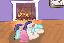 Size: 1280x853 | Tagged: safe, artist:twizzle, character:coco pommel, character:rarity, character:tom, ship:marshmallow coco, blanket, female, fire, fireplace, heartbreak, lesbian, shipping, sleeping
