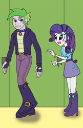 Size: 1650x2550 | Tagged: safe, artist:bico-kun, character:rarity, character:spike, ship:sparity, my little pony:equestria girls, blushing, boots, clothing, collar, female, fingerless gloves, gloves, goatee, jeans, leather jacket, lockers, male, older, older spike, school, shipping, skirt, straight, werewolf