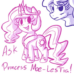 Size: 1280x1280 | Tagged: safe, artist:quarium, character:princess celestia, character:princess luna, ask princess moe-lestia, cewestia, cute, cutelestia, filly, frown, glare, looking at you, open mouth, smiling, unamused
