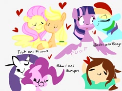 Size: 1024x768 | Tagged: safe, artist:supernoncutie, character:applejack, character:fluttershy, character:pinkie pie, character:rainbow dash, character:rarity, character:twilight sparkle, character:twilight sparkle (alicorn), species:alicorn, species:human, species:pony, ship:appleshy, ship:raripie, ship:twidash, alliteration, blush sticker, blushing, female, heart, lesbian, mane six, mare, missing accessory, shipping