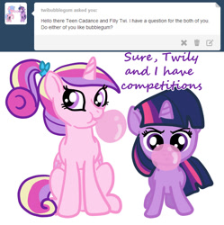 Size: 908x912 | Tagged: safe, artist:kuromi, character:princess cadance, character:twilight sparkle, species:alicorn, species:pony, species:unicorn, blowing, bubblegum, cute, filly, filly twilight sparkle, teen princess cadance, tumblr