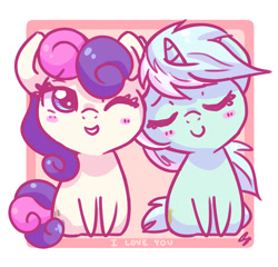 Size: 1392x1335 | Tagged: safe, artist:steffy-beff, character:bon bon, character:lyra heartstrings, character:sweetie drops, species:earth pony, species:pony, species:unicorn, ship:lyrabon, adorabon, blushing, chibi, cute, eyes closed, female, lesbian, lyrabetes, mare, one eye closed, shipping, sitting, smiling