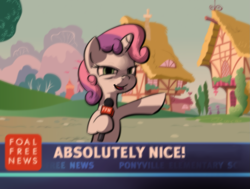 Size: 1593x1206 | Tagged: safe, artist:derkrazykraut, edit, character:sweetie belle, absolutely disgusting, female, foal free press, microphone, news, news report, parody, reaction image, solo