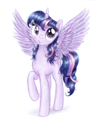 Size: 874x1140 | Tagged: safe, artist:magfen, character:twilight sparkle, character:twilight sparkle (alicorn), species:alicorn, species:pony, blushing, cute, female, looking at you, mare, raised hoof, smiling, solo, spread wings, standing, traditional art, wings