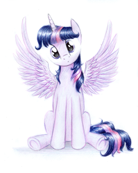 Size: 849x1064 | Tagged: safe, artist:magfen, character:twilight sparkle, character:twilight sparkle (alicorn), species:alicorn, species:pony, cute, female, head tilt, looking at you, mare, sitting, solo, spread wings, traditional art, underhoof, wings