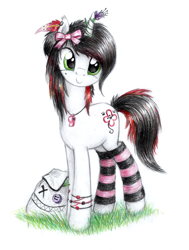 Size: 1049x1389 | Tagged: safe, artist:magfen, oc, oc only, oc:bloody herb, bag, bracelet, cute, feather, leg warmers, looking at you, ribbon, smiling, solo, standing, whistle