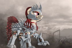 Size: 1920x1280 | Tagged: safe, artist:lucky dragoness, oc, oc only, oc:rampage, species:pony, species:zebra, fallout equestria, fallout equestria: project horizons, armor, armored pony, badass, barbed wire, death by hugging, fanfic art, female, mare, smiling, solo, spiked armor, spikes, stripes, teeth, wasteland