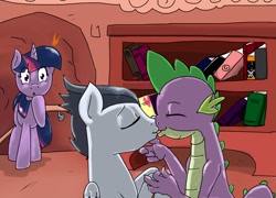 Size: 1600x1150 | Tagged: safe, artist:kill joy, character:rumble, character:spike, character:twilight sparkle, species:dragon, book, caught, fanfic, fanfic art, gay, golden oaks library, kissing, library, male, older, rumblespike, shipping, shocked, teenage spike, teenaged dragon