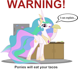 Size: 4920x4377 | Tagged: dead source, safe, artist:jittery-the-dragon, character:princess celestia, species:alicorn, species:pony, absurd resolution, bite mark, cabinet, dialogue, female, frown, hoof hold, kitchen, looking at you, mare, open mouth, pointless pony tips, ponies eating meat, refrigerator, simple background, solo, speech bubble, taco, transparent background, vector, warning