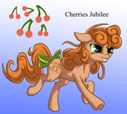 Size: 1500x1350 | Tagged: safe, artist:starbat, character:cherries jubilee, species:earth pony, species:pony, g1, blue background, bow, cutie mark, female, gradient background, running, simple background, solo, tail bow