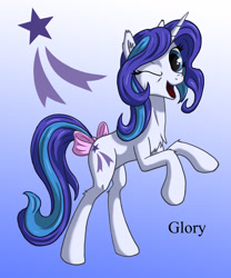 Size: 1500x1800 | Tagged: safe, artist:starbat, character:glory, species:pony, species:unicorn, g1, blue background, bow, cutie mark, female, gradient background, one eye closed, rearing, simple background, solo, tail bow