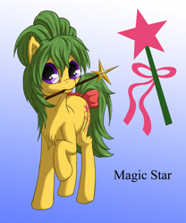 Size: 1500x1800 | Tagged: safe, artist:starbat, character:magic star, species:pony, species:unicorn, g1, blue background, bow, cutie mark, female, gradient background, hair up, magic wand, mouth hold, raised hoof, simple background, solo, tail bow