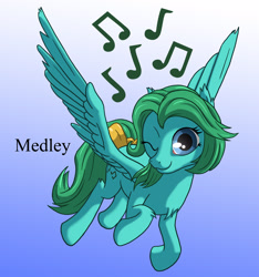 Size: 1500x1600 | Tagged: safe, artist:starbat, character:medley, species:pegasus, species:pony, g1, blue background, bow, cutie mark, female, flying, gradient background, music notes, one eye closed, simple background, solo, tail bow