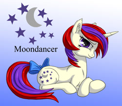 Size: 1500x1300 | Tagged: safe, artist:starbat, character:moondancer (g1), species:pony, species:unicorn, g1, blue background, bow, cutie mark, female, g1 to g4, generation leap, gradient background, simple background, solo, tail bow