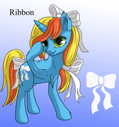 Size: 1500x1600 | Tagged: safe, artist:starbat, character:ribbon (g1), species:pony, species:unicorn, g1, blue background, bow, chest fluff, cutie mark, female, gradient background, hair bow, hoof on head, ribbon, simple background, solo, tail bow
