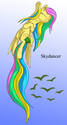 Size: 1500x2800 | Tagged: safe, artist:starbat, character:skydancer, species:pegasus, species:pony, g1, blue background, bow, cutie mark, eyes closed, female, flying, gradient background, long tail, simple background, solo, tail bow
