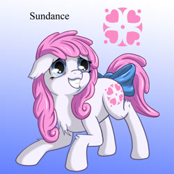 Size: 1500x1500 | Tagged: safe, artist:starbat, character:sundance, species:earth pony, species:pony, g1, blue background, crouching, cutie mark, female, floppy ears, fluffy, gradient background, grin, sheepish grin, simple background, smiling, solo, tail bow