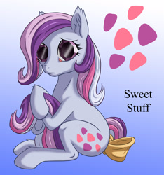 Size: 1500x1600 | Tagged: safe, artist:starbat, character:sweet stuff, species:earth pony, species:pony, species:twinkle eyed pony, g1, blue background, bow, cutie mark, female, gradient background, simple background, sitting, solo, tail bow