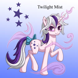 Size: 1500x1500 | Tagged: safe, artist:starbat, species:pony, species:unicorn, g1, blue background, bow, cutie mark, female, gradient background, mist, raised hoof, simple background, solo, tail bow