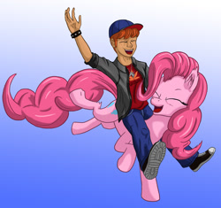 Size: 1200x1129 | Tagged: safe, artist:starbat, character:danny williams, character:pinkie pie, species:human, species:pony, g1, g4, blue background, generation leap, gradient background, happy, humans riding ponies, riding, simple background