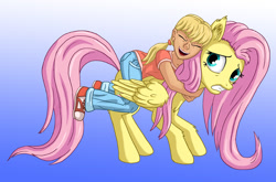 Size: 1200x794 | Tagged: safe, artist:starbat, character:fluttershy, character:molly williams, species:human, species:pegasus, species:pony, g1, g4, blue background, do not want, generation leap, glomp, gradient background, hape, simple background
