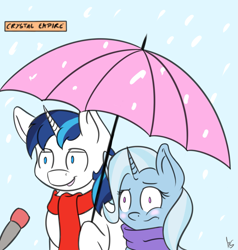 Size: 1483x1561 | Tagged: safe, artist:mooniearts, character:shining armor, character:trixie, ship:shintrix, adultery, clothing, female, infidelity, interview, male, scarf, shipping, snow, snowfall, special feeling, straight, umbrella