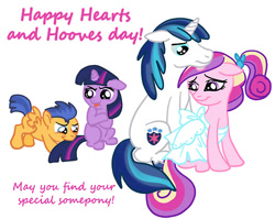 Size: 500x397 | Tagged: safe, artist:kuromi, character:flash sentry, character:princess cadance, character:shining armor, character:twilight sparkle, species:pony, ship:flashlight, ship:shiningcadance, :t, blep, clothing, colt, crossed hooves, cute, dress, ew gay, female, filly, floppy ears, frown, lidded eyes, male, nom, shipping, sitting, smiling, straight, tail bite, tongue out, twiabetes, younger