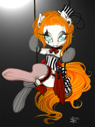Size: 669x900 | Tagged: safe, artist:tt-n, oc, oc only, oc:mt, species:earth pony, species:pony, ask mt, choker, clothing, colored, corset, fascinator, female, freckles, garter, impossibly long eyelashes, long gloves, looking at you, piercing, saloon dress, stockings, swing, underhoof