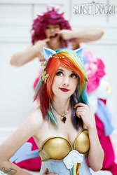 Size: 1366x2048 | Tagged: safe, artist:dust-bunny, artist:flying-fox, character:pinkie pie, character:rainbow dash, species:human, clothing, convention, cosplay, dress, gala dress, irl, irl human, katsucon, katsucon 2014, photo, photobomb, silly face