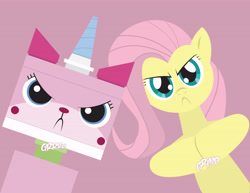 Size: 6600x5100 | Tagged: safe, artist:inspectornills, character:fluttershy, species:pony, absurd resolution, angry, crossover, dialogue, duo, lego, looking at you, mean, pink background, simple background, the lego movie, unikitty