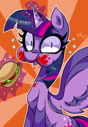 Size: 583x833 | Tagged: safe, artist:kaliptro, character:twilight sparkle, character:twilight sparkle (alicorn), species:alicorn, species:pony, episode:twilight time, g4, my little pony: friendship is magic, burger, caught, eating, female, food, hay burger, ketchup, magic, mare, messy, messy eating, puffy cheeks, solo, that pony sure does love burgers, twilight burgkle, twilight slobble