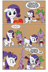 Size: 2100x3150 | Tagged: safe, artist:bico-kun, character:rarity, character:spike, species:dragon, species:pony, species:unicorn, ship:sparity, episode:hearts and hooves day, g4, my little pony: friendship is magic, chocolate, comic, female, glomp, heart shaped box, innuendo, long tongue, magic, male, mare, raised tail, shipping, straight, tailboner, teenage spike, tongue out
