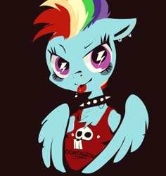 Size: 1208x1280 | Tagged: safe, artist:supernoncutie, character:rainbow dash, species:pegasus, species:pony, alternate hairstyle, black background, bust, chest fluff, choker, clothing, ear piercing, earring, fashion, female, floppy ears, jewelry, looking at you, mohawk, piercing, punk, raspberry, simple background, smiling, solo, spiked choker, tongue out, wingding eyes