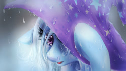 Size: 1920x1080 | Tagged: safe, artist:dream--chan, character:trixie, species:pony, species:unicorn, clothing, crying, female, hat, mare, portrait, rain, sad, solo, tears in rain