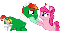 Size: 3472x1784 | Tagged: safe, artist:missitofu, character:pinkie pie, oc, amputee, bandage, nurse, story in the source