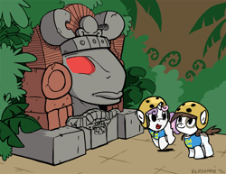 Size: 1000x770 | Tagged: safe, artist:elosande, character:pipsqueak, character:sweetie belle, ship:sweetiesqueak, crossover, female, helmet, legends of the hidden temple, male, olmec, shipping, straight