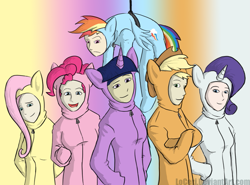 Size: 1057x784 | Tagged: safe, artist:loceri, character:applejack, character:fluttershy, character:pinkie pie, character:rainbow dash, character:rarity, character:twilight sparkle, species:human, female, footed sleeper, gradient background, humanized, mane six