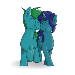 Size: 2000x2000 | Tagged: safe, artist:timsplosion, oc, oc only, oc:segite bulmer, species:earth pony, species:pony, species:unicorn, eyes closed, female, male, nuzzling, simple background, straight, transparent background