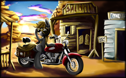 Size: 1920x1200 | Tagged: safe, artist:nemo2d, character:derpy hooves, species:pegasus, species:pony, female, mare, motorcycle, saloon, solo, sunglasses