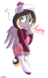 Size: 1196x1920 | Tagged: safe, artist:willisninety-six, oc, oc only, oc:aero, parent:derpy hooves, parent:oc:warden, parents:canon x oc, parents:warderp, species:pegasus, species:pony, aero replies, belt, bipedal, blushing, clothing, colt, crossdressing, hat, heart, lipstick, makeup, male, offspring, semi-anthro, shoes, simple background, skirt, socks, solo, stockings, trap, white background