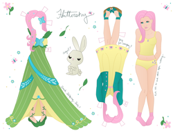 Size: 2196x1667 | Tagged: safe, artist:whiteheather, character:angel bunny, character:fluttershy, species:human, belly button, camisole, clothing, cutie mark underwear, dress, female, humanized, midriff, panties, papercraft, solo, underwear, yellow underwear
